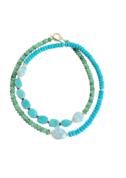 アクセサリー ORIHIRO Blue and Green Turquoise, Amazonite, Jade and Baroque Pearl