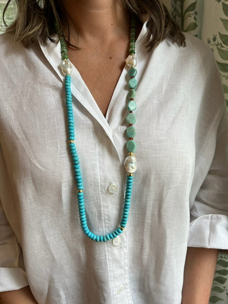 Blue and Green Turquoise, Amazonite, Jade and Baroque Pearl