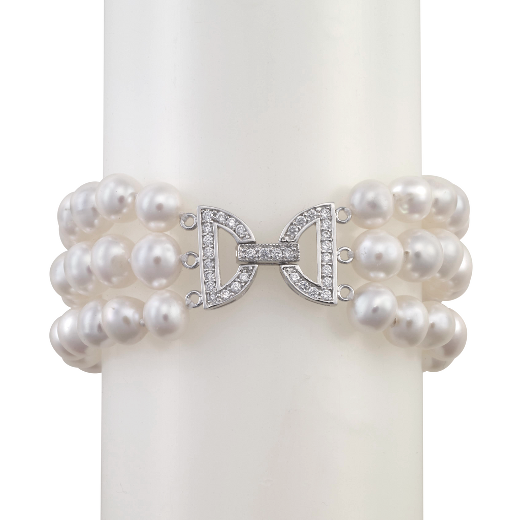 Three-strand pearl and crystal bracelet