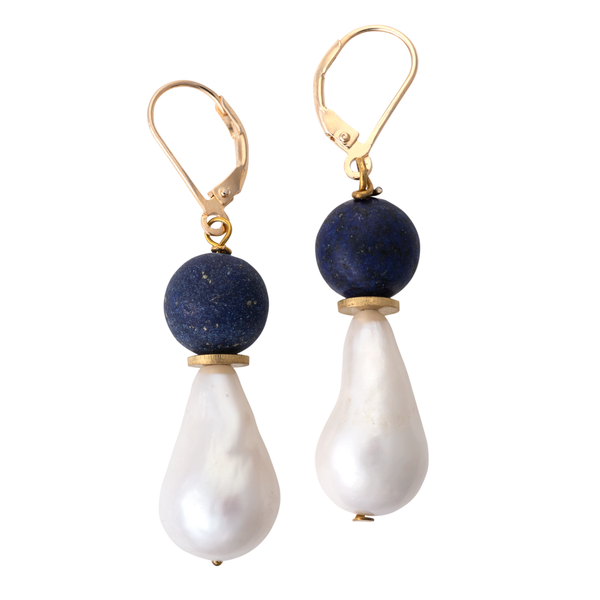 Blue Lapis and White Pearl Earrings | Dog House Pearls