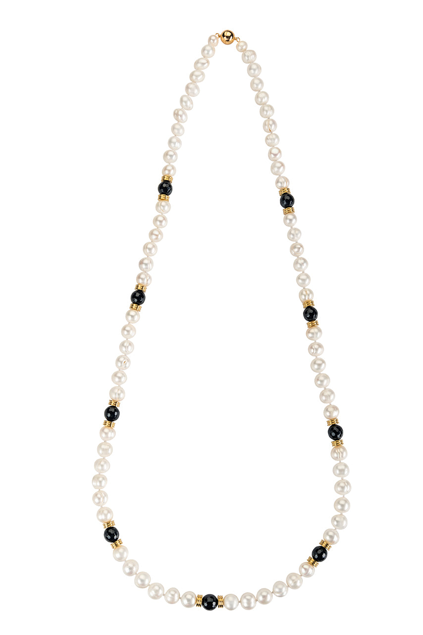 Pearl, gold, and jet bead long necklace