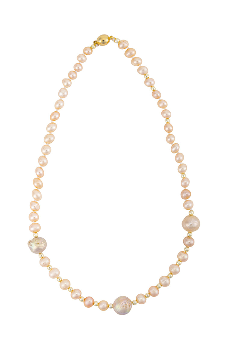 18” Freshwater Pearl 8-9mm with 11mm pink Biwa pearl and gold bead accents