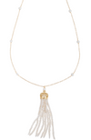 An image of a long gold and white freshwater cultured pearl tassel necklace