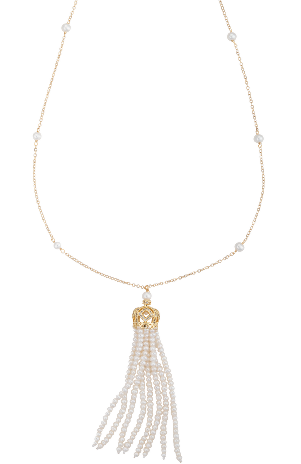 An image of a long gold and white freshwater cultured pearl tassel necklace