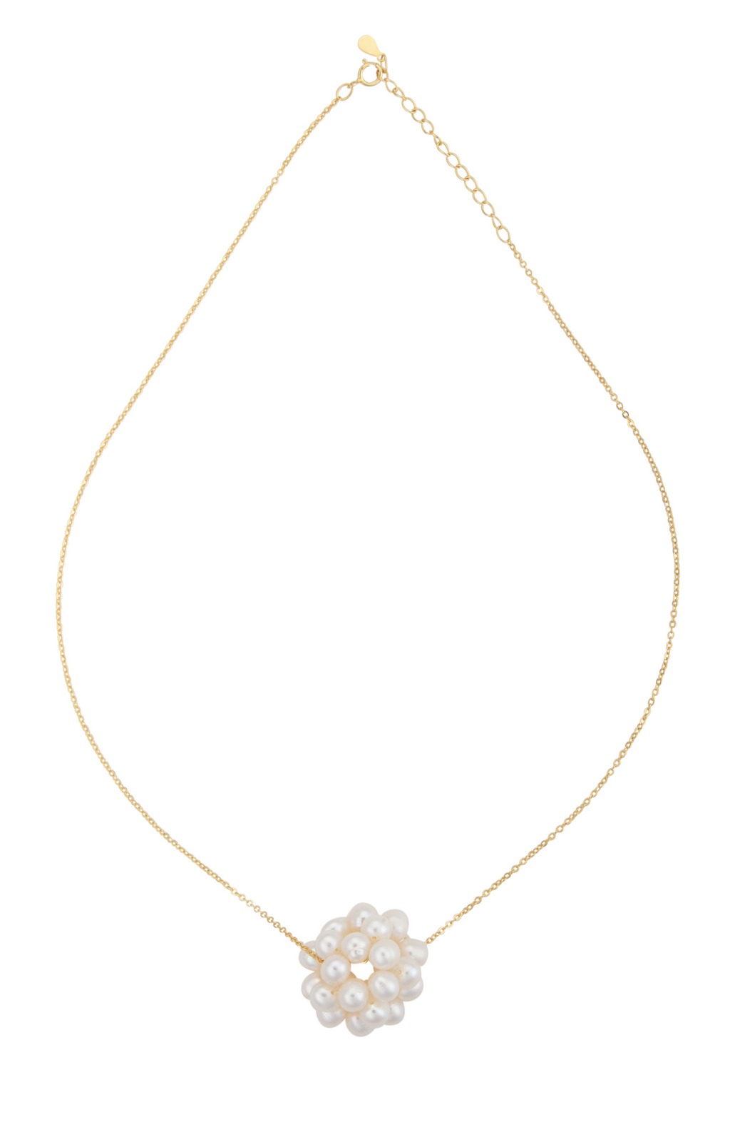 An image of a white snowball pearl cluster necklace on a gold chain