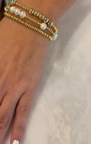 3 Stackable Freshwater Pearl and Gold Bead Stretch Bracelet- 3 Pearl Design