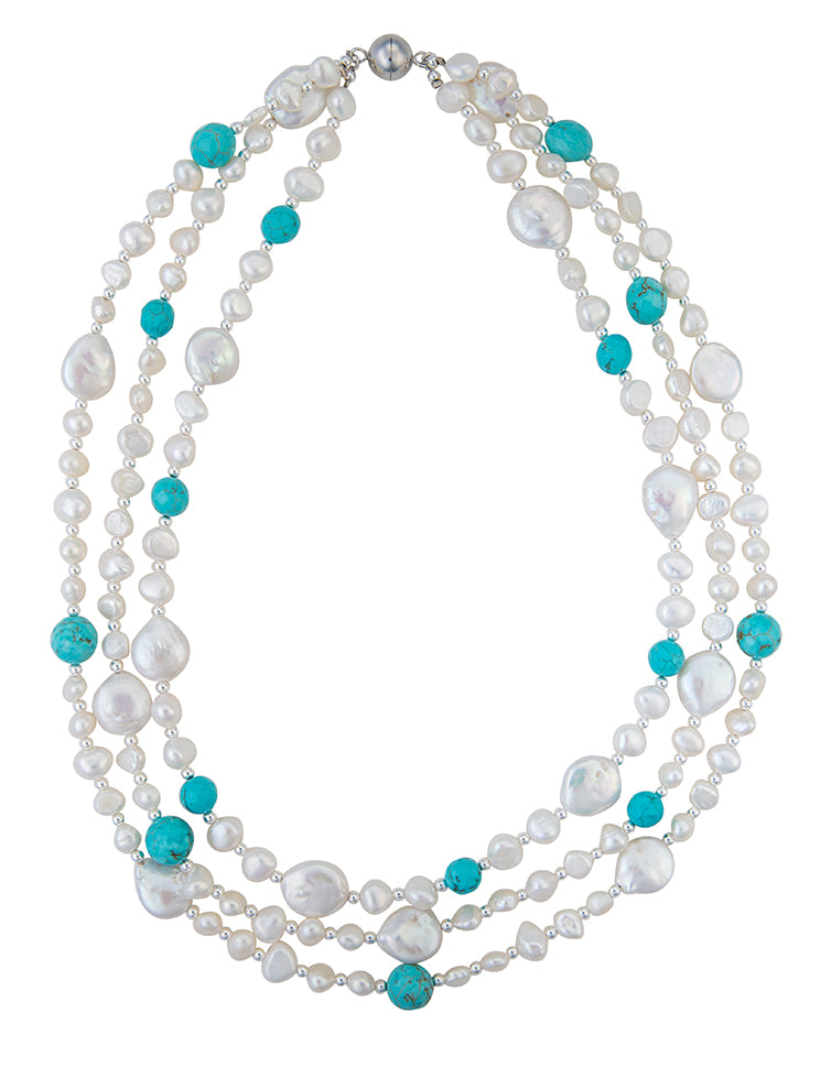 Three Strand Pearl and Turquoise Necklace