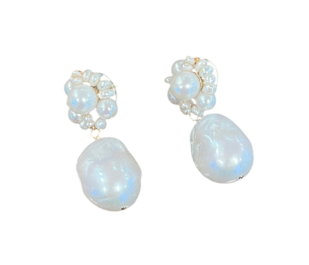 Biwa pearl hanging earrings with small pearl accents