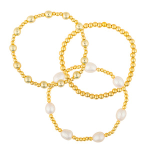 3 Stackable Freshwater Pearl and Gold Bead Stretch Bracelet- Large Pearl