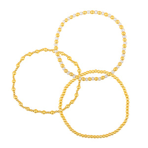 3 Stackable Freshwater Pearl and Gold Bead Stretch Bracelets