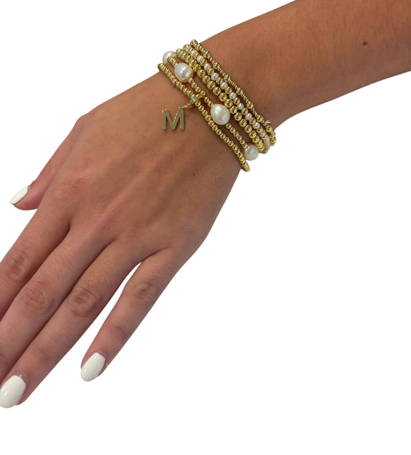5 Piece Stackable Freshwater Pearl and Gold Bead Stretch Bracelet