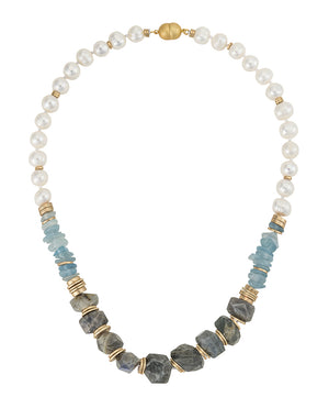 9-10mm Freshwater Pearls with natural Aquamarine and Labradorite Stones