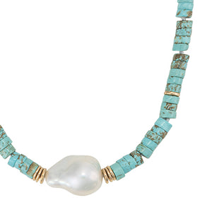 Blue Turquoise, hematite and Biwa Pearl Necklace