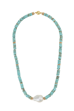 Blue Turquoise, hematite and Biwa Pearl Necklace