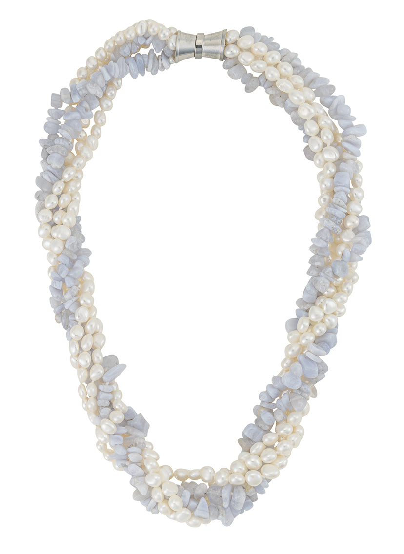 5 Strand Blue Agate and Freshwater Pearl Necklace