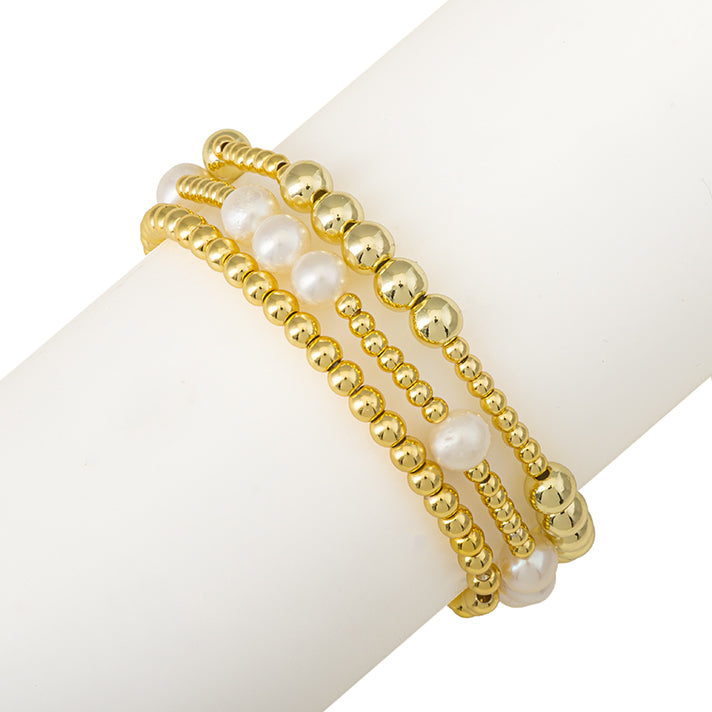 3 Stackable Freshwater Pearl and Gold Bead Stretch Bracelet- 3 Pearl Design