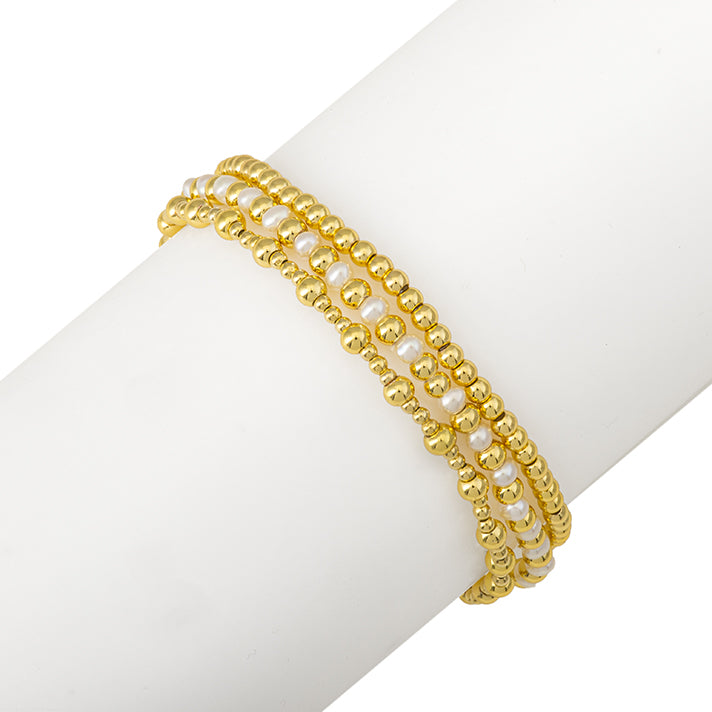 3 Stackable Freshwater Pearl and Gold Bead Stretch Bracelets