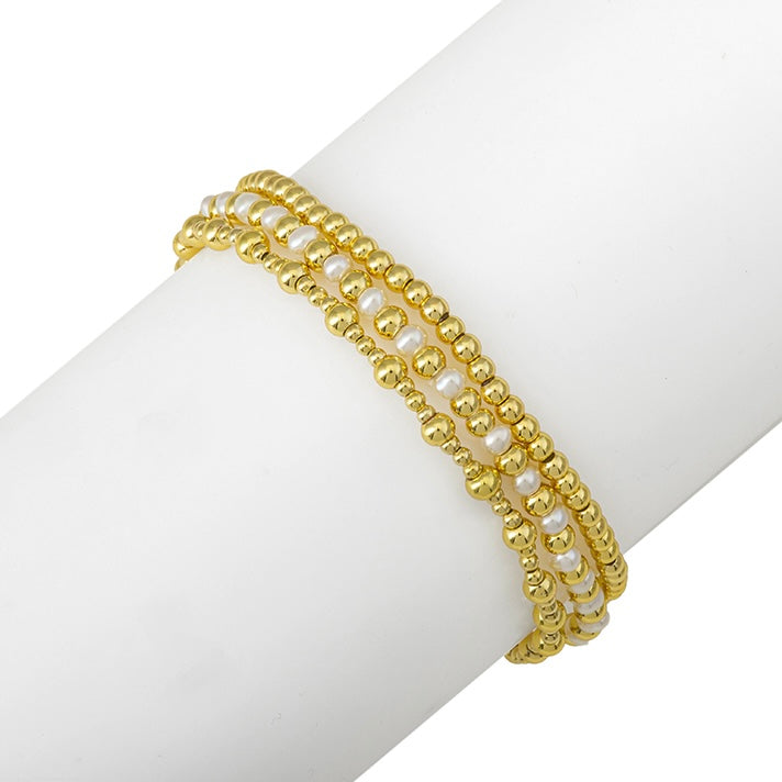 3 Stackable Freshwater Pearl and Gold Bead Stretch Bracelets - Small Pearls
