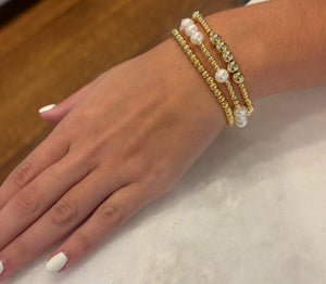 3 Stackable Freshwater Pearl and Gold Bead Stretch Bracelet- 3 Pearl Design