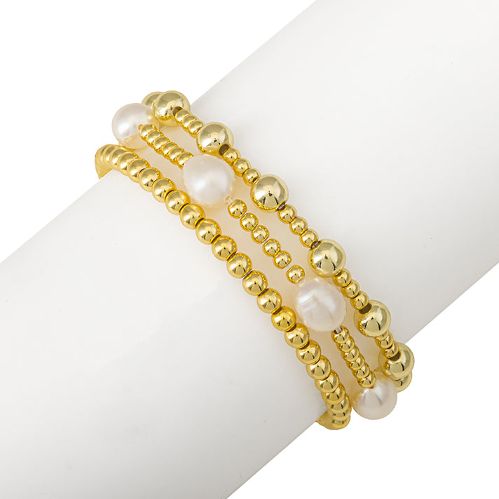 3 Stackable Freshwater Pearl and Gold Bead Stretch Bracelet- Large Pearl