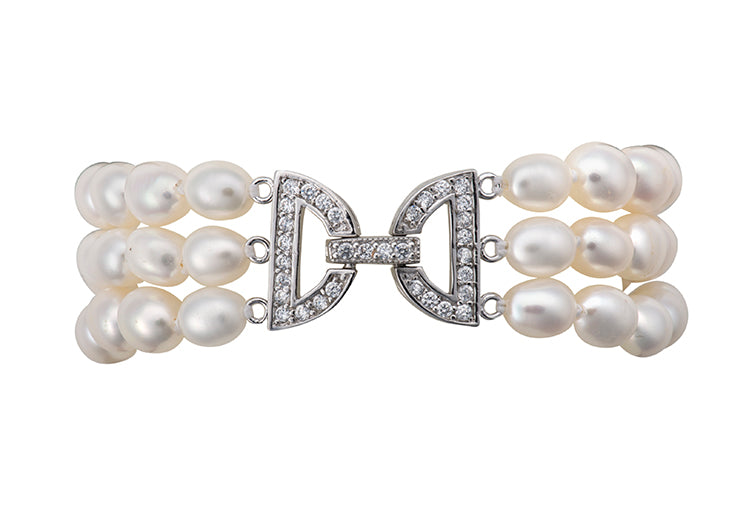 Three-strand pearl and CZ bracelet
