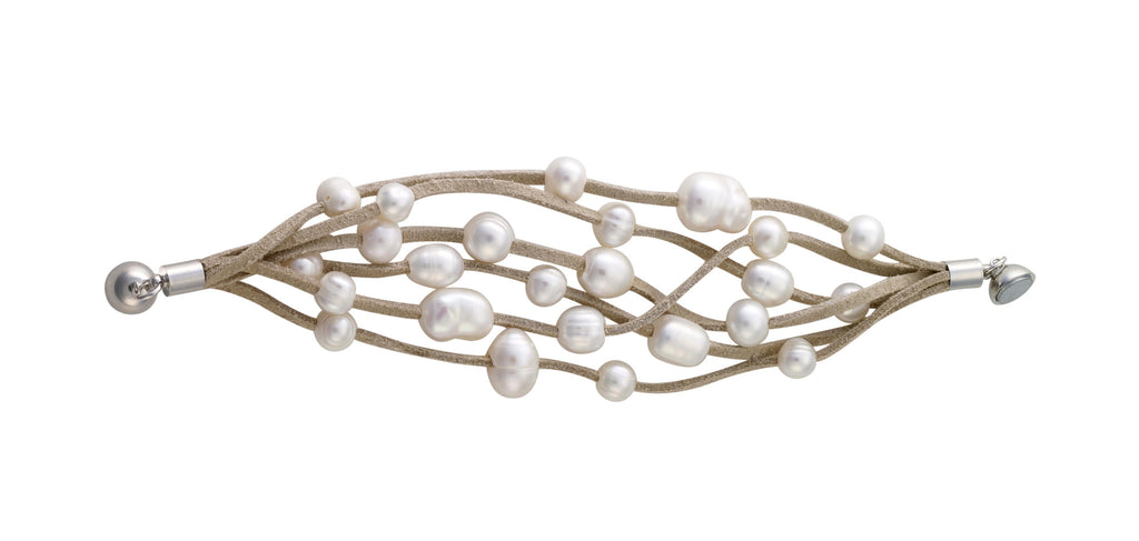 Six-strand suede and pearl bracelet