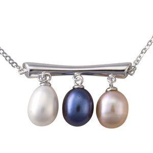 Minimalist three pearl silver bar necklace