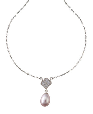 Pink pearl and crystal clover necklace