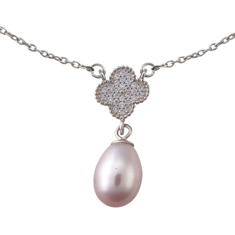 Pink pearl and crystal clover necklace