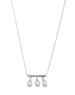 Minimalist three pearl silver bar necklace