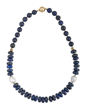19" Lapis, Gold Hematite and Freshwater Edison Pearl Necklace
