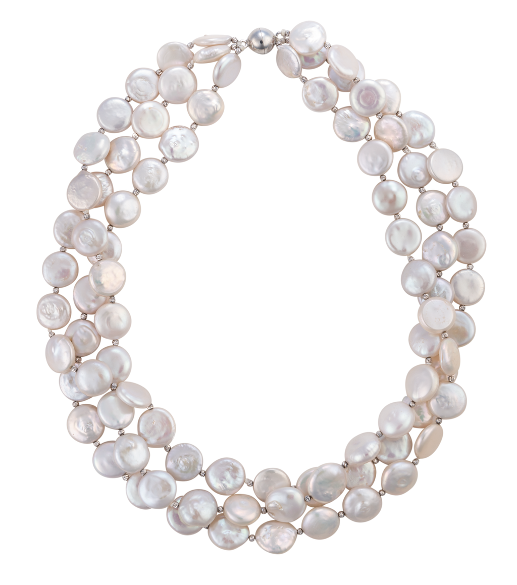 Three-strand coin pearl necklace