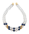 Blue Lapis, Brass, and Biwa Pearl Necklace