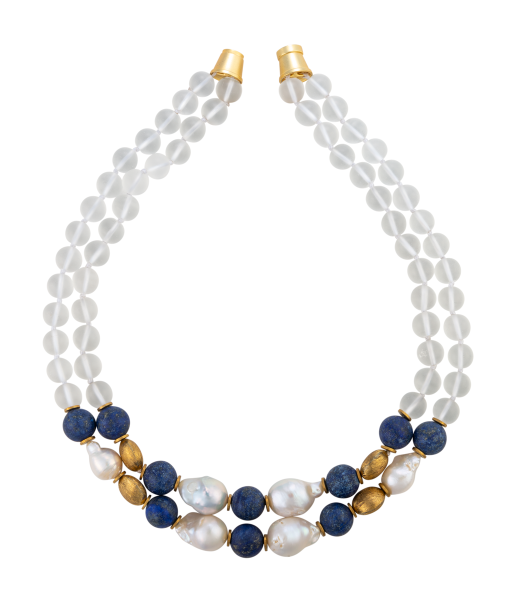 Blue Lapis, Brass, and Biwa Pearl Necklace