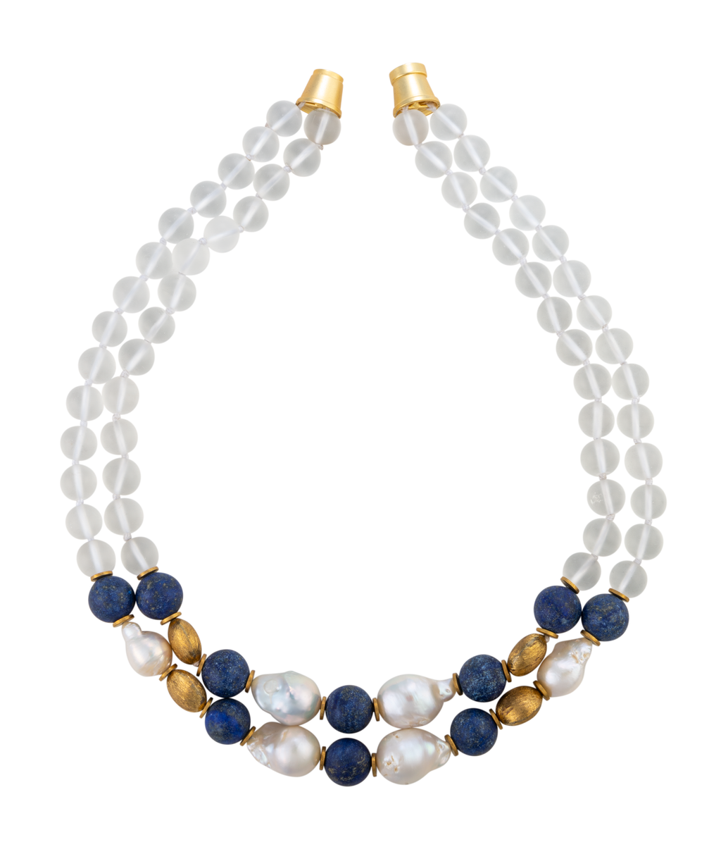 Blue lapis, brass, and glass biwa pearl necklace