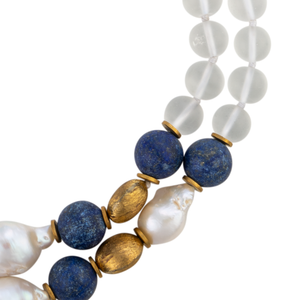 Blue Lapis, Brass, and Biwa Pearl Necklace