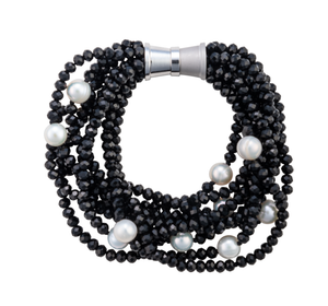 Nine-strand black crystal and pearl bracelet