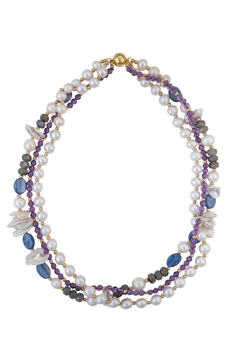 Amethyst, lapis, labradorite, and pearl necklace