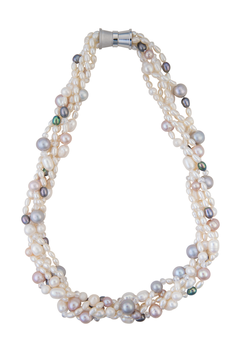 An image of a white freshwater cultured pearl five-strand necklace with white, gray, and pink pearls on a white mannequin