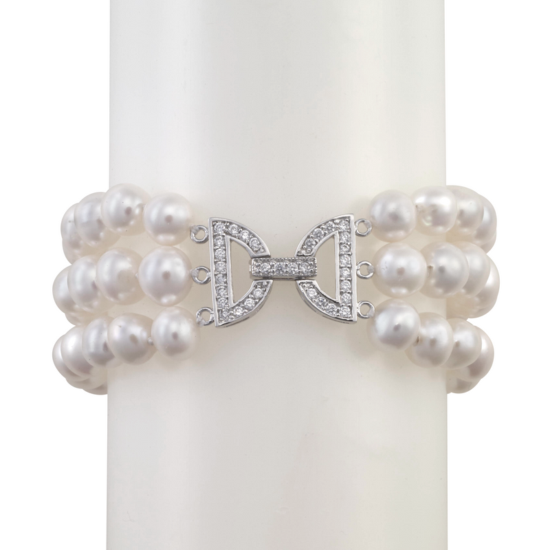 Three-strand pearl and crystal bracelet AAA+ Pearls