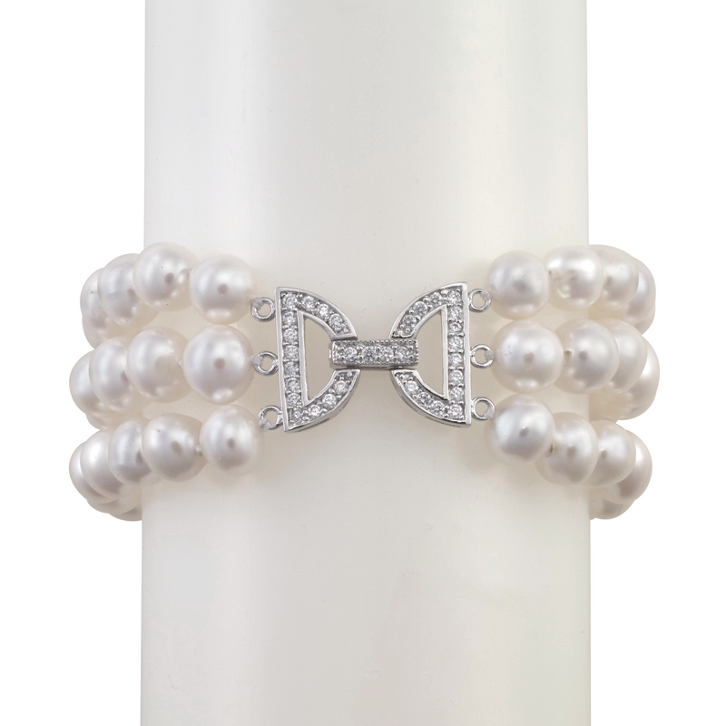 Three-strand pearl and crystal bracelet