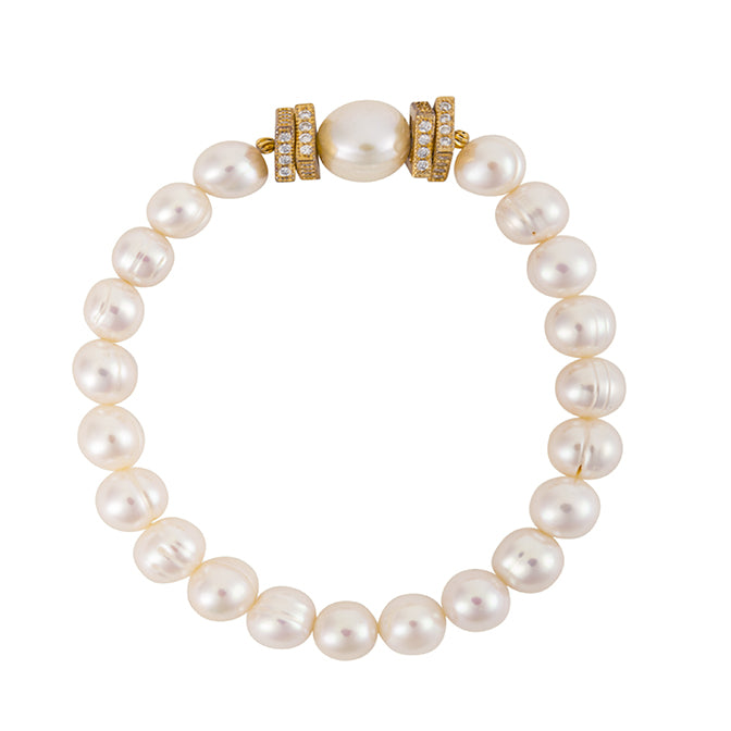 Statement pearl and gold square bracelet with large center stone