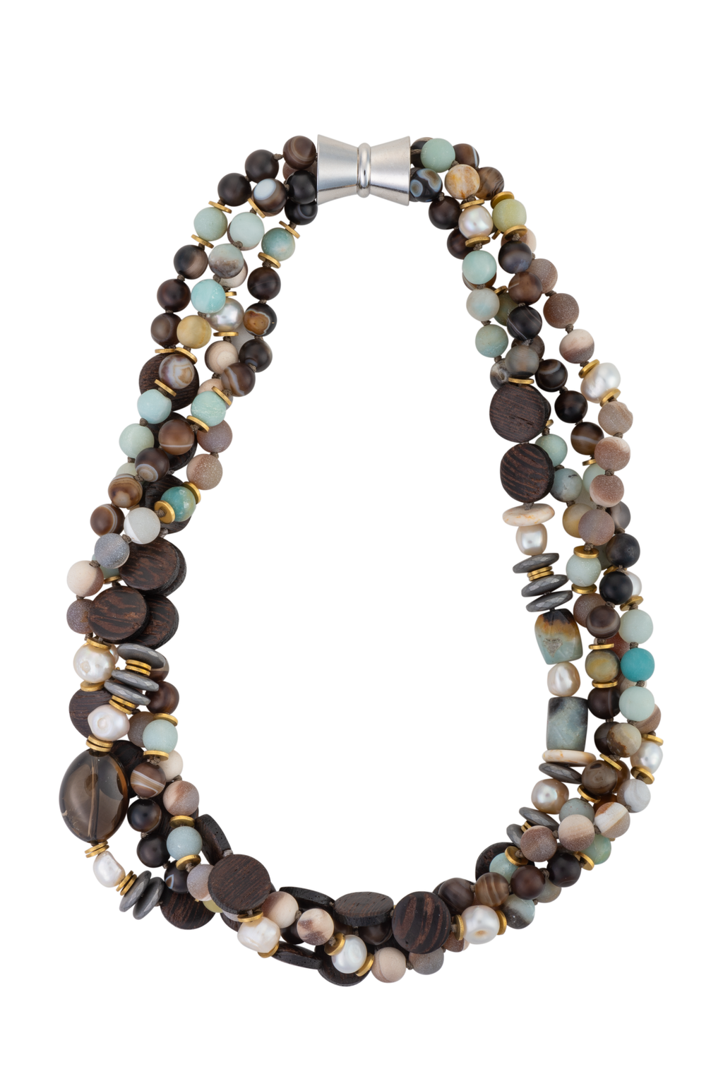 Wood, pearl, amber, and crystal necklace
