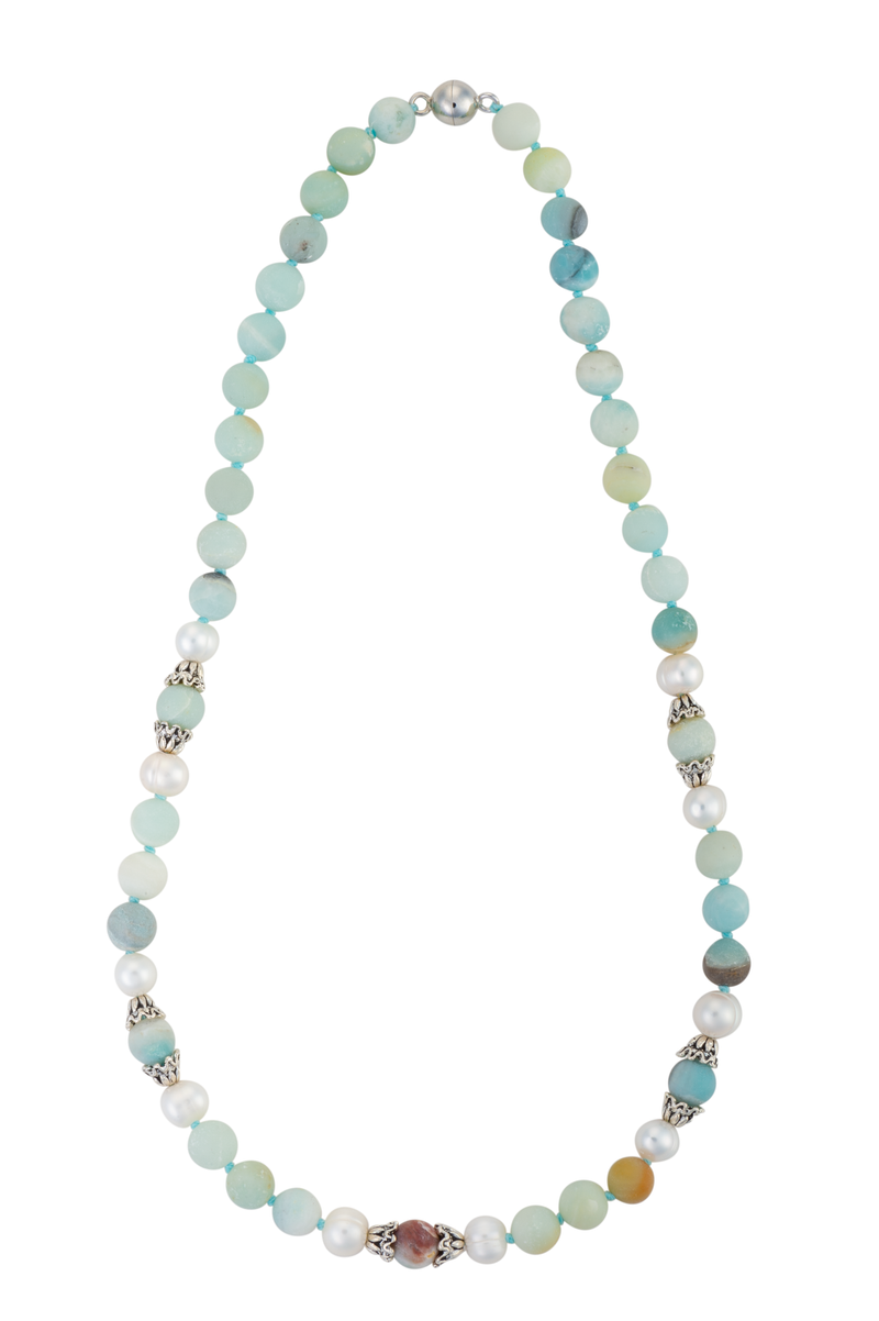 Amazonite, pearl, and silver necklace