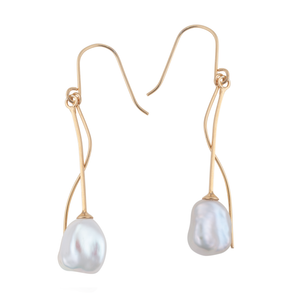 An image of long, dangling white keshi pearl earrings on a 9ct gold bar with 9ct gold architectural accents.