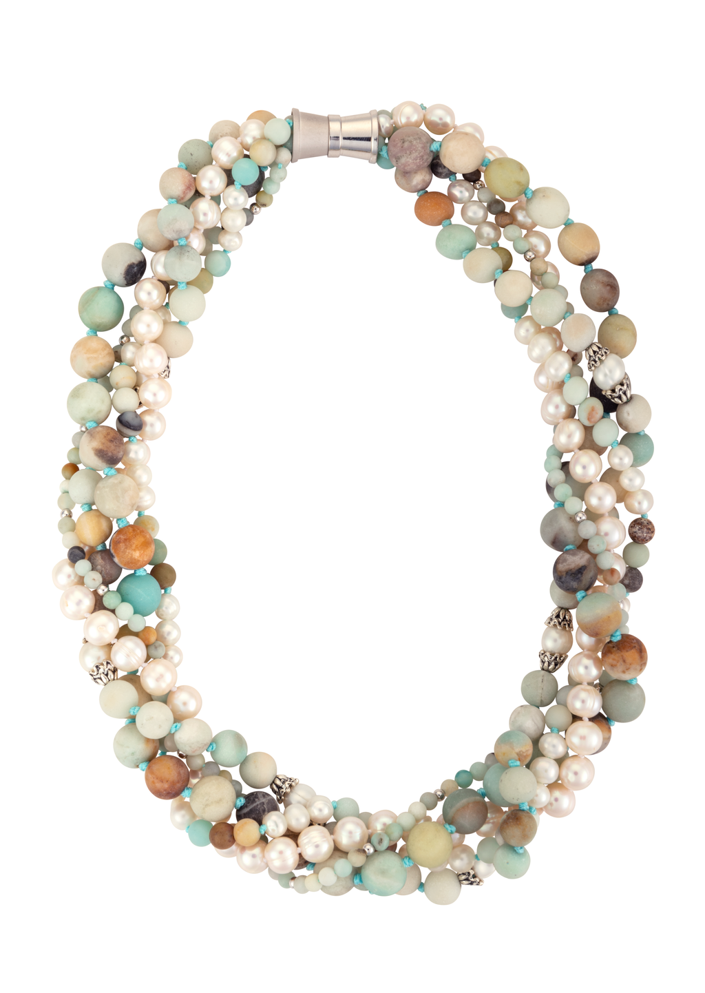 Five-strand amazonite and pearl necklace