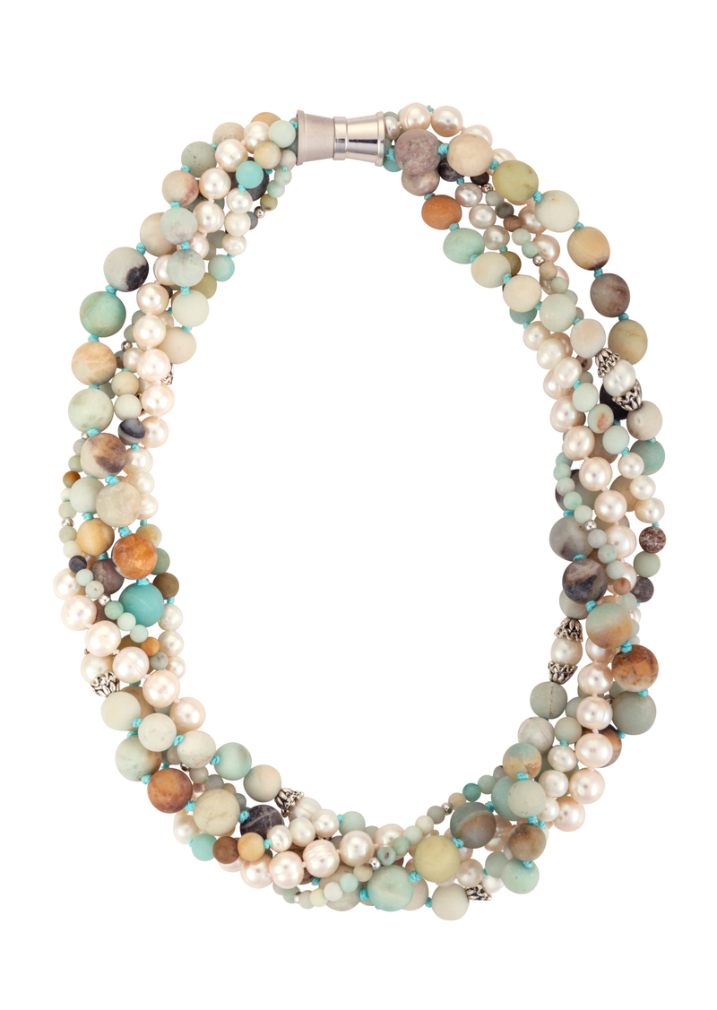 Five-strand amazonite and pearl necklace