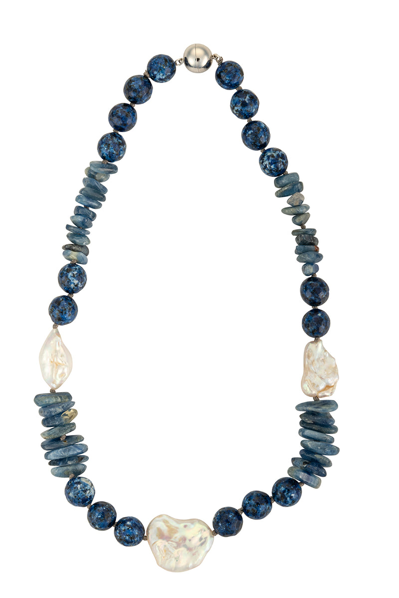 Kyanite and triple biwa pearl necklace