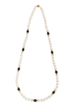 Pearl, gold, and jet bead long necklace