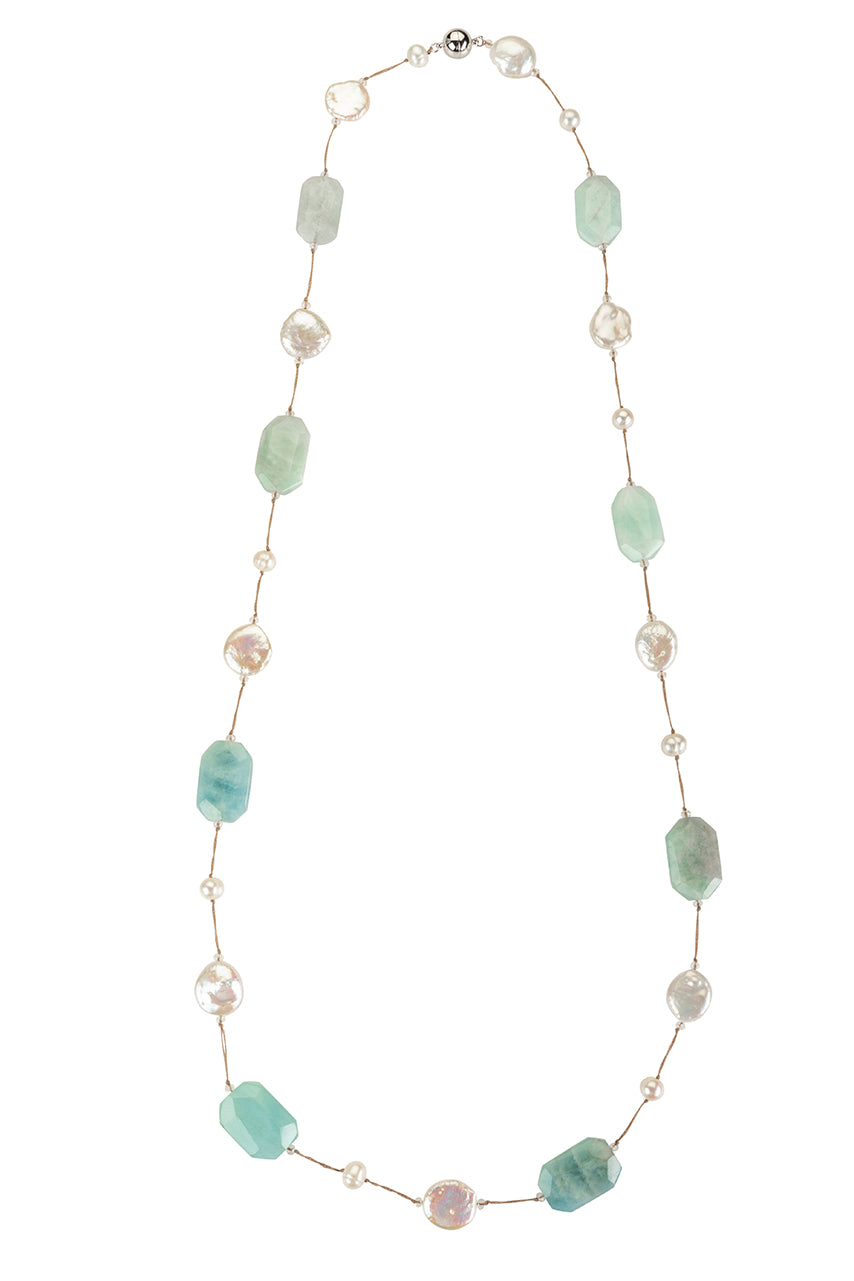 Aquamarine and coin pearl necklace on stainless